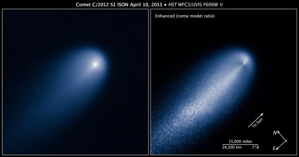 The left panel shows the comet as observed through F606W filter.  The right panel shows an enhanced image that reveals the jet coming out from the nucleus and extending towards the sunward direction.