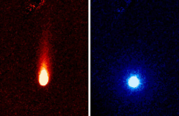 The left panel is ISON as seen in the near-infrared.  The right panel is the gas coma around ISON, most likely composed of CO2.